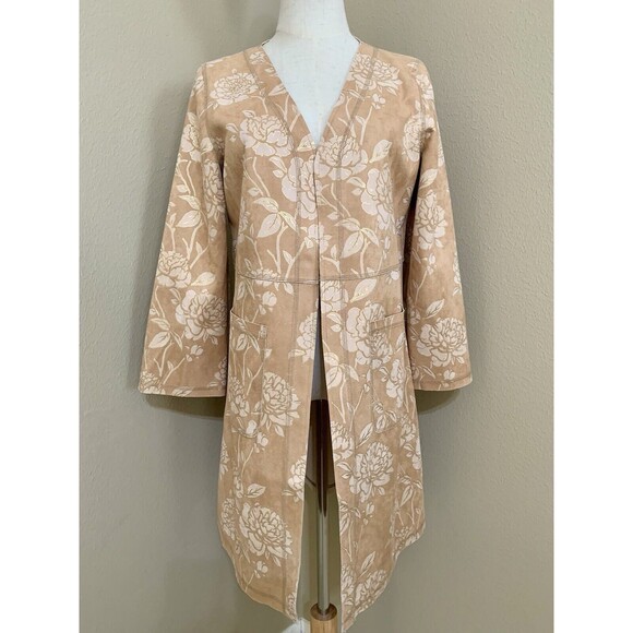 Solitaire‎ Anthropologie Vegan Suede Floral Duster Jacket Coat Gold Tan Small - Picture 1 of 6